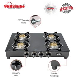 Sunflame Jumbo, 4 Burner Toughened glass top Gas Stove, Stainless steel drip tray, Durable Forged Brass Burners, Sturdy Pan Support, 5-Year Coverage on Burners & Glass, Black