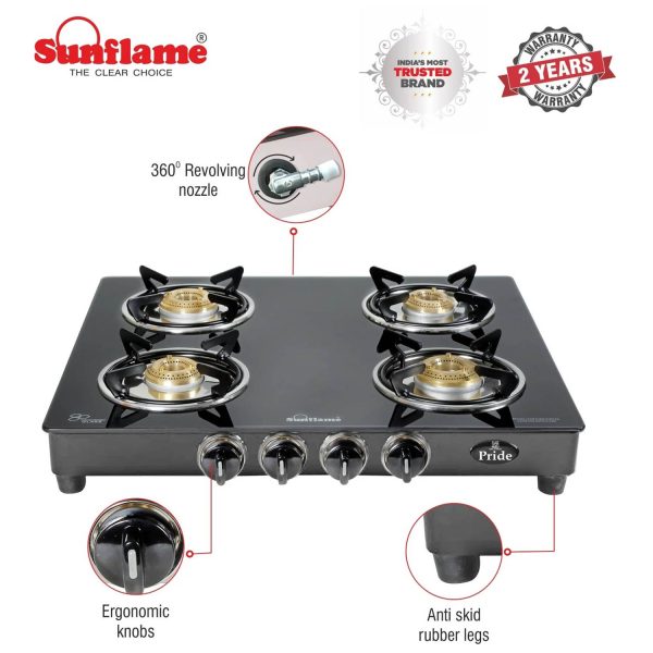Sunflame Jumbo, 4 Burner Toughened glass top Gas Stove, Stainless steel drip tray, Durable Forged Brass Burners, Sturdy Pan Support, 5-Year Coverage on Burners & Glass, Black