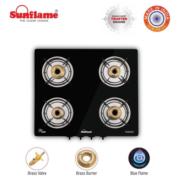 Sunflame Jumbo, 4 Burner Toughened glass top Gas Stove, Stainless steel drip tray, Durable Forged Brass Burners, Sturdy Pan Support, 5-Year Coverage on Burners & Glass, Black