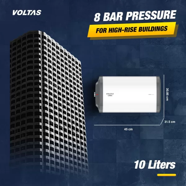 Voltas Linea, 10 Liter Horizontal Storage Water Heater with 100% Copper Heating Element and 8 Bar Pressure, White