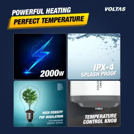 Voltas Linea, 10 Liter Horizontal Storage Water Heater with 100% Copper Heating Element and 8 Bar Pressure, White