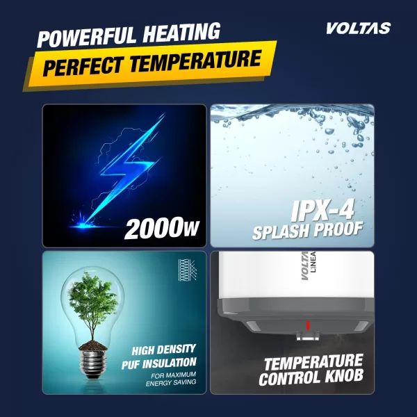 Voltas Linea, 10 Liter Horizontal Storage Water Heater with 100% Copper Heating Element and 8 Bar Pressure, White