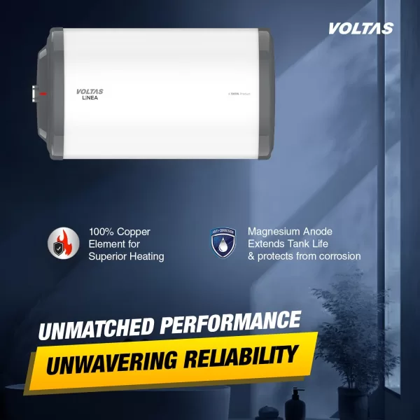 Voltas Linea, 10 Liter Horizontal Storage Water Heater with 100% Copper Heating Element and 8 Bar Pressure, White