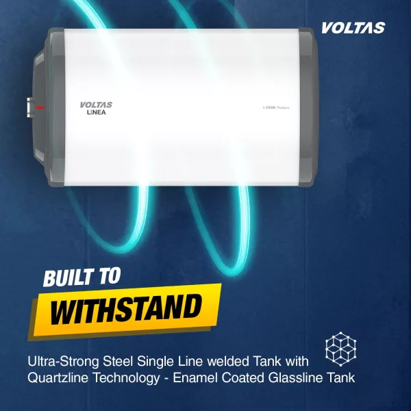 Voltas Linea, 10 Liter Horizontal Storage Water Heater with 100% Copper Heating Element and 8 Bar Pressure, White