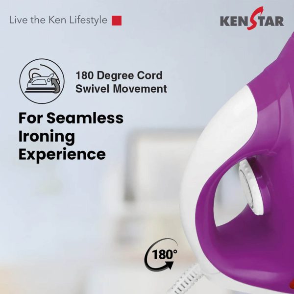 Kenstar Zeva, 1000 W Dry Iron, Non- Stick PTFE Soleplate, Auto Cut-Off function, 180° Swivel Cord, Bi metallic thermostat with thermal fuse technology, 2 Year Warranty, Purple