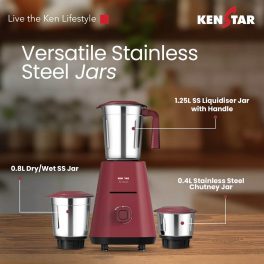 Kenstar Karishmatic 500 W, 3 Jar Mixer Grinder, Ultra Precision Heavy-duty Stainless steel Ultima blades, smart overload protection, 2 year warranty, Wine Red