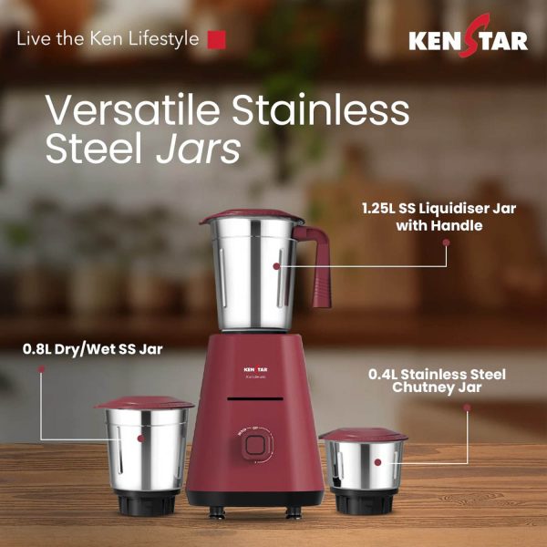 Kenstar Karishmatic 500 W, 3 Jar Mixer Grinder, Ultra Precision Heavy-duty Stainless steel Ultima blades, smart overload protection, 2 year warranty, Wine Red