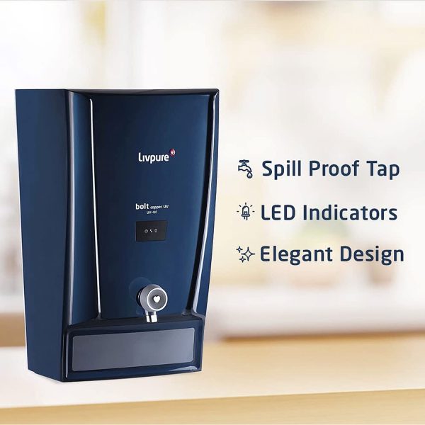 Livpure Bolt Copper UV, 7 Litre Storage Water Purifier with UV+UF+Copper, Suitable for Municipal Water and Spill Proof Tap, Blue