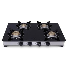 Elica 694 CT DT VETRO, Glass CookTop 4 Burner Gas Stove with Double Drip Tray, Round Euro Coated Grid, Silver Steel