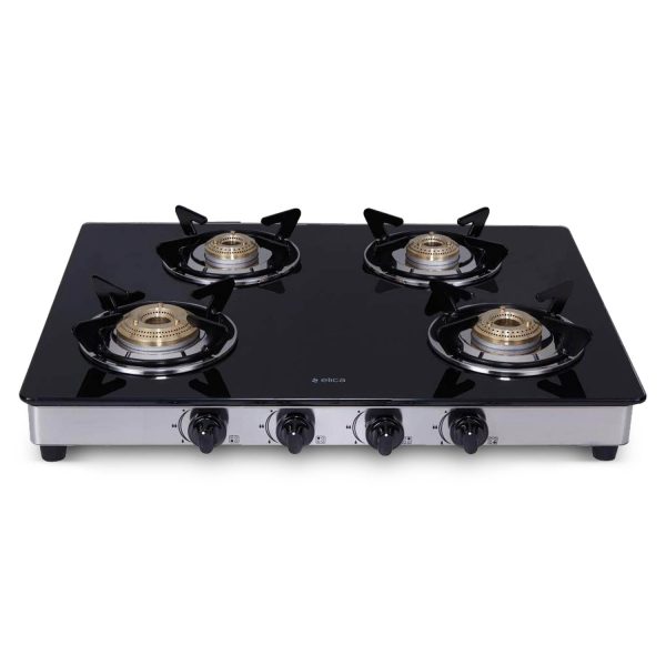 Elica 694 CT DT VETRO, Glass CookTop 4 Burner Gas Stove with Double Drip Tray, Round Euro Coated Grid, Silver Steel