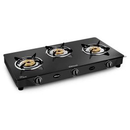 Sunflame Jumbo, 3 Burner Toughened glass top Gas Stove, Stainless steel drip tray, Durable Forged Brass Burners, Sturdy Pan Support, 5-Year Coverage on Burners & Glass, Black
