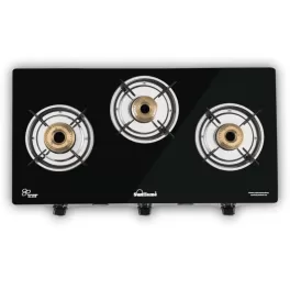 Sunflame Jumbo, 3 Burner Toughened glass top Gas Stove, Stainless steel drip tray, Durable Forged Brass Burners, Sturdy Pan Support, 5-Year Coverage on Burners & Glass, Black