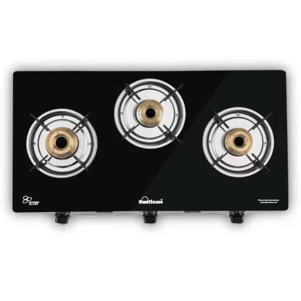 Sunflame Jumbo, 3 Burner Toughened glass top Gas Stove, Stainless steel drip tray, Durable Forged Brass Burners, Sturdy Pan Support, 5-Year Coverage on Burners & Glass, Black