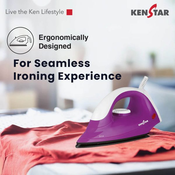 Kenstar Zeva, 1000 W Dry Iron, Non- Stick PTFE Soleplate, Auto Cut-Off function, 180° Swivel Cord, Bi metallic thermostat with thermal fuse technology, 2 Year Warranty, Purple