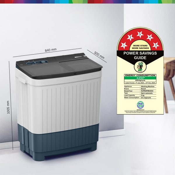 BOSCH WJP904P0IN, 9 kg 5 Star with 1300 High RPM Spin Motor Semi Automatic Top Load Washing Machine,3 Wash Programs, Anti-Rust Body, Peacock Blue