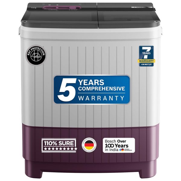 BOSCH WJP854V0IN, 8.5 kg 5 Star with 1300 High RPM Spin Motor Semi Automatic Top Load Washing Machine,3 Wash Programs, Anti-Rust Body, Wine