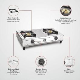 Sunflame Shakti DX, 2 Burner Stainless Steel Gas Stove, Durable Forged Brass Burners, Sturdy Pan Support, 5-Year Coverage on Burners, SS Body & Valve, Stainless Steel