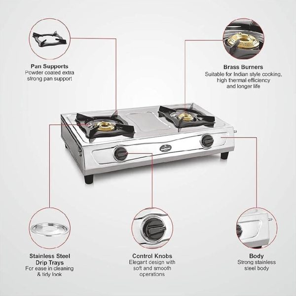 Sunflame Shakti DX, 2 Burner Stainless Steel Gas Stove, Durable Forged Brass Burners, Sturdy Pan Support, 5-Year Coverage on Burners, SS Body & Valve, Stainless Steel