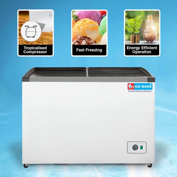 Icemake IGT350, 300 Litre Double Door Glass Top Deep Freezer with 3 Year Compressor Warranty, White