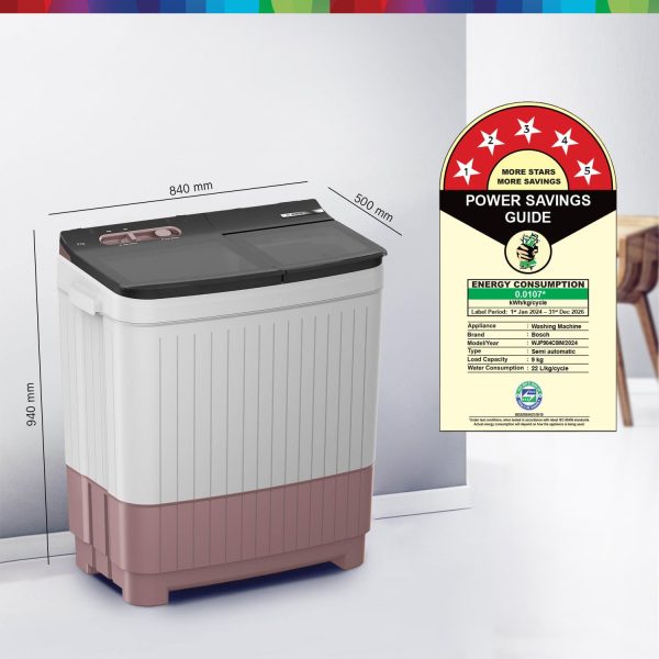 BOSCH WJP904C0IN, 9 kg 5 Star with 1300 High RPM Spin Motor Semi Automatic Top Load Washing Machine, 3 Wash Programs, Anti-Rust Body, Corel Pink