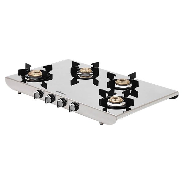 Sunflame SSH 2M, 4 Burner Stainless Steel Gas Stove, High Gloss Mirror-Finish Design, Durable Forged Brass Burners, Sturdy Pan Support, 5-Year Coverage on Burners, SS Body & Valve, Silver