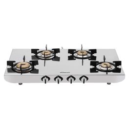 Sunflame SSH 2M, 4 Burner Stainless Steel Gas Stove, High Gloss Mirror-Finish Design, Durable Forged Brass Burners, Sturdy Pan Support, 5-Year Coverage on Burners, SS Body & Valve, Silver