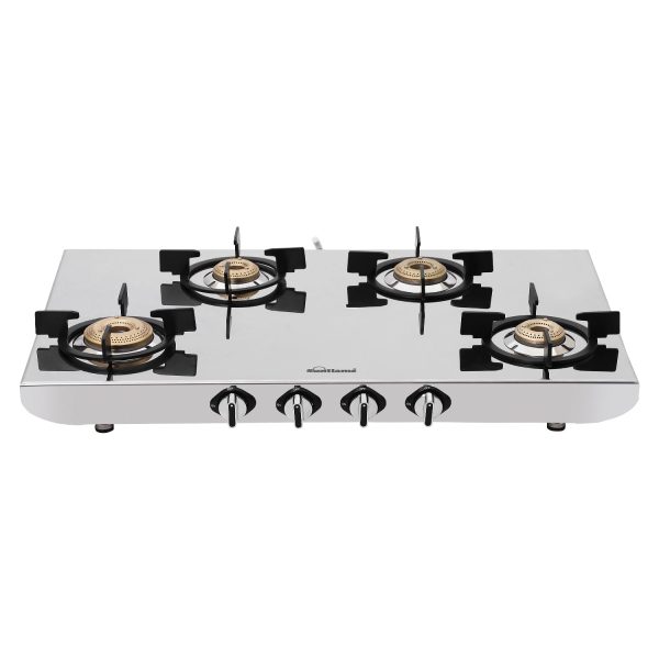 Sunflame SSH 2M, 4 Burner Stainless Steel Gas Stove, High Gloss Mirror-Finish Design, Durable Forged Brass Burners, Sturdy Pan Support, 5-Year Coverage on Burners, SS Body & Valve, Silver