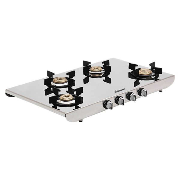 Sunflame SSH 2M, 4 Burner Stainless Steel Gas Stove, High Gloss Mirror-Finish Design, Durable Forged Brass Burners, Sturdy Pan Support, 5-Year Coverage on Burners, SS Body & Valve, Silver