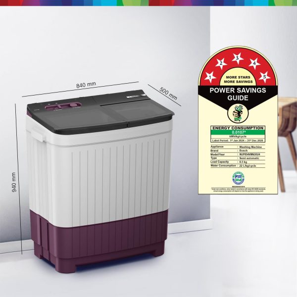 BOSCH WJP854V0IN, 8.5 kg 5 Star with 1300 High RPM Spin Motor Semi Automatic Top Load Washing Machine,3 Wash Programs, Anti-Rust Body, Wine