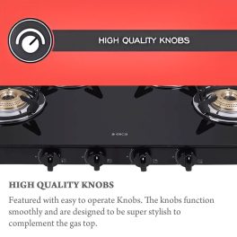 Elica 774 CT DT VETRO, Glass Cook Top 4 Burner Gas Stove with Double Drip Tray, Round Euro Coated Grid, Black