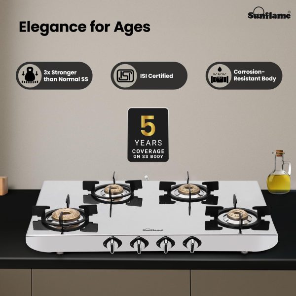 Sunflame SSH 2M, 4 Burner Stainless Steel Gas Stove, High Gloss Mirror-Finish Design, Durable Forged Brass Burners, Sturdy Pan Support, 5-Year Coverage on Burners, SS Body & Valve, Silver