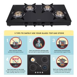 Elica 774 CT DT VETRO, Glass Cook Top 4 Burner Gas Stove with Double Drip Tray, Round Euro Coated Grid, Black