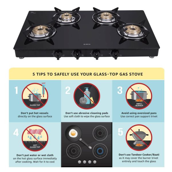 Elica 774 CT DT VETRO, Glass Cook Top 4 Burner Gas Stove with Double Drip Tray, Round Euro Coated Grid, Black
