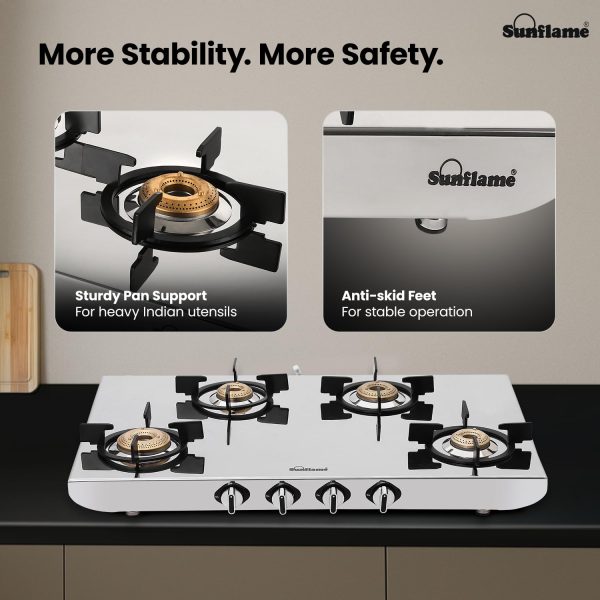 Sunflame SSH 2M, 4 Burner Stainless Steel Gas Stove, High Gloss Mirror-Finish Design, Durable Forged Brass Burners, Sturdy Pan Support, 5-Year Coverage on Burners, SS Body & Valve, Silver
