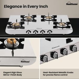 Sunflame SSH 2M, 4 Burner Stainless Steel Gas Stove, High Gloss Mirror-Finish Design, Durable Forged Brass Burners, Sturdy Pan Support, 5-Year Coverage on Burners, SS Body & Valve, Silver