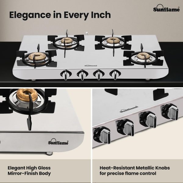 Sunflame SSH 2M, 4 Burner Stainless Steel Gas Stove, High Gloss Mirror-Finish Design, Durable Forged Brass Burners, Sturdy Pan Support, 5-Year Coverage on Burners, SS Body & Valve, Silver