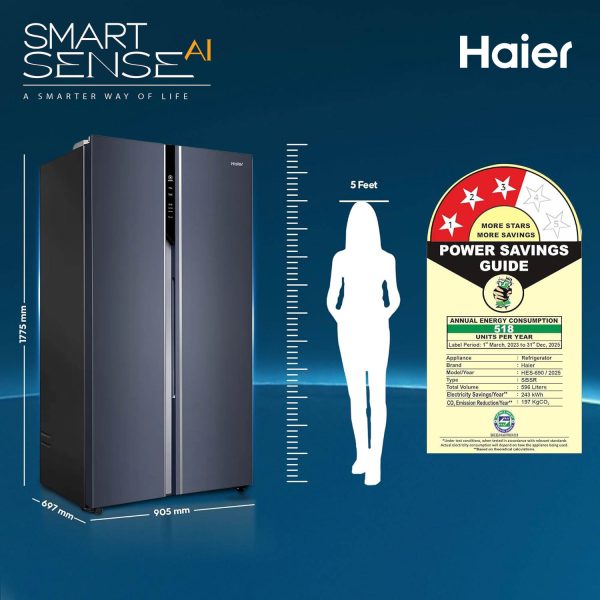 Haier HES-690GK, 596 Litre 3 Star Side-by-Side Refrigerator with 100% Convertible Fridge Space and Expert Inverter Technology, Graphite Black