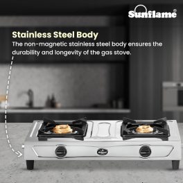 Sunflame Shakti DX, 2 Burner Stainless Steel Gas Stove, Durable Forged Brass Burners, Sturdy Pan Support, 5-Year Coverage on Burners, SS Body & Valve, Stainless Steel
