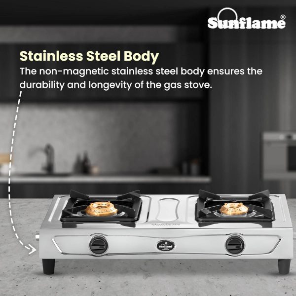Sunflame Shakti DX, 2 Burner Stainless Steel Gas Stove, Durable Forged Brass Burners, Sturdy Pan Support, 5-Year Coverage on Burners, SS Body & Valve, Stainless Steel