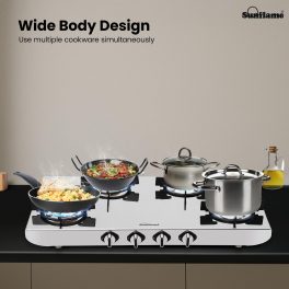 Sunflame SSH 2M, 4 Burner Stainless Steel Gas Stove, High Gloss Mirror-Finish Design, Durable Forged Brass Burners, Sturdy Pan Support, 5-Year Coverage on Burners, SS Body & Valve, Silver