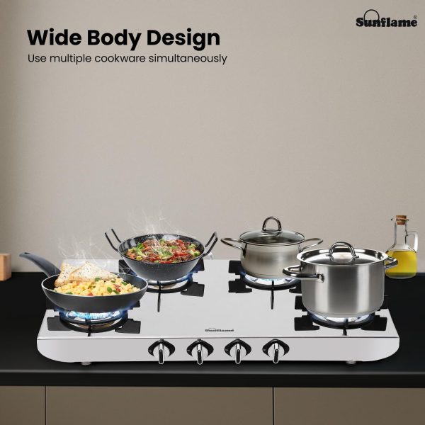 Sunflame SSH 2M, 4 Burner Stainless Steel Gas Stove, High Gloss Mirror-Finish Design, Durable Forged Brass Burners, Sturdy Pan Support, 5-Year Coverage on Burners, SS Body & Valve, Silver