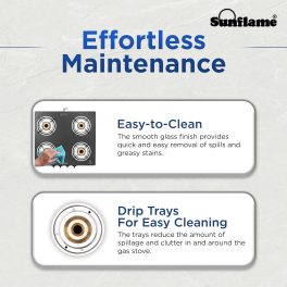 Sunflame Jumbo, 4 Burner Toughened glass top Gas Stove, Stainless steel drip tray, Durable Forged Brass Burners, Sturdy Pan Support, 5-Year Coverage on Burners & Glass, Black