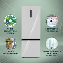 Haier HRB-3753PMG-P, 325 Litres 3 Star 14-in-1 Convertible Triple Inverter & Dual Fan Technology, with Display Frost Free Double Door Bottom Mount Refrigerator, Mirror Glass