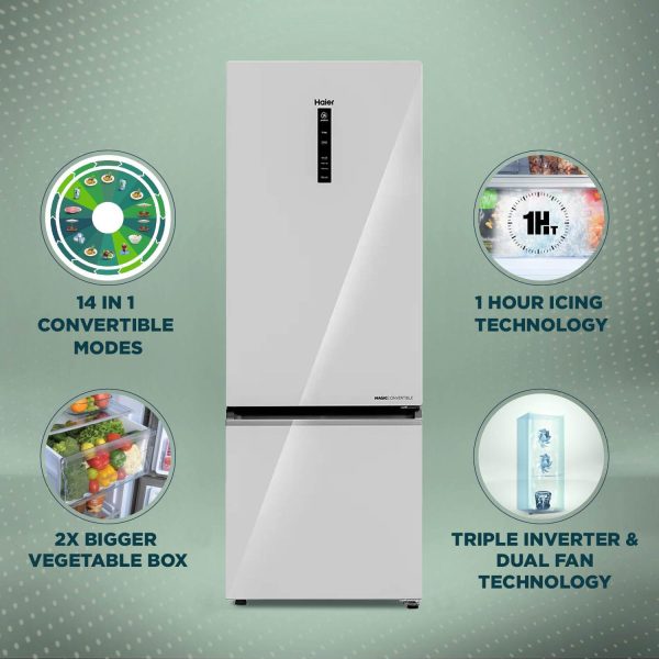 Haier HRB-3753PMG-P, 325 Litres 3 Star 14-in-1 Convertible Triple Inverter & Dual Fan Technology, with Display Frost Free Double Door Bottom Mount Refrigerator, Mirror Glass