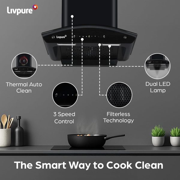 Livpure Ador 60, 60CM Filter-less Chimney with Thermal Auto Clean, Motion Sensor and Powerful Suction of 1450, Black
