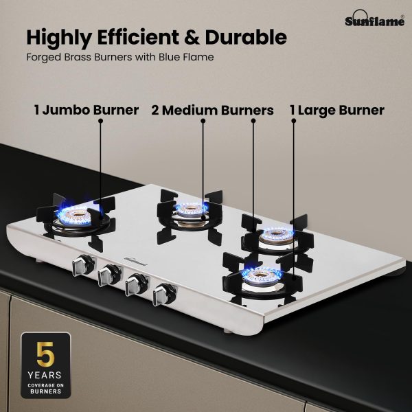 Sunflame SSH 2M, 4 Burner Stainless Steel Gas Stove, High Gloss Mirror-Finish Design, Durable Forged Brass Burners, Sturdy Pan Support, 5-Year Coverage on Burners, SS Body & Valve, Silver