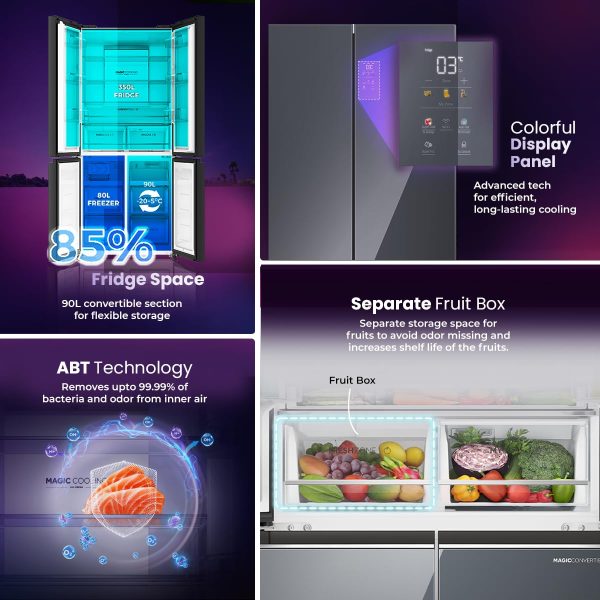 Haier HRB-600MGU1, 520 L 3 Star, Lumiere Series Wi-Fi enabled 4-Door Side by Side frost free Refrigerator with 85% Convertible Fridge & Expert Inverter Technology, Colourful Display Panel, Mirror Glass