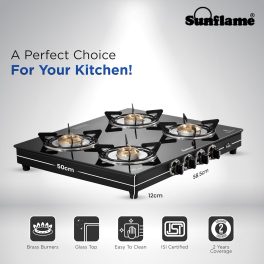 Sunflame Jumbo, 4 Burner Toughened glass top Gas Stove, Stainless steel drip tray, Durable Forged Brass Burners, Sturdy Pan Support, 5-Year Coverage on Burners & Glass, Black