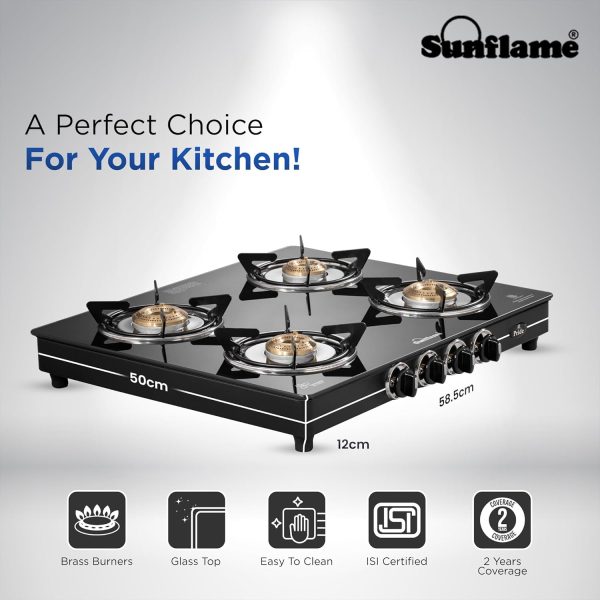 Sunflame Jumbo, 4 Burner Toughened glass top Gas Stove, Stainless steel drip tray, Durable Forged Brass Burners, Sturdy Pan Support, 5-Year Coverage on Burners & Glass, Black