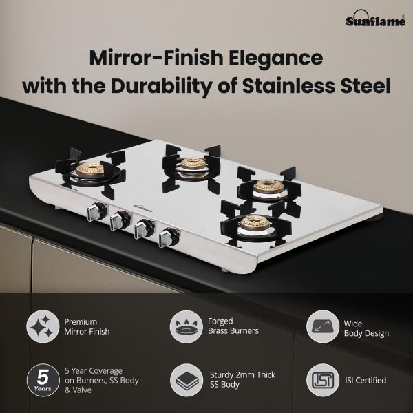 Sunflame SSH 2M, 4 Burner Stainless Steel Gas Stove, High Gloss Mirror-Finish Design, Durable Forged Brass Burners, Sturdy Pan Support, 5-Year Coverage on Burners, SS Body & Valve, Silver
